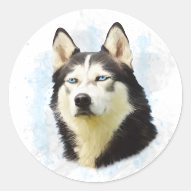 Siberian Husky Dog Water Colour Art Painting Classic Round Sticker (Front)