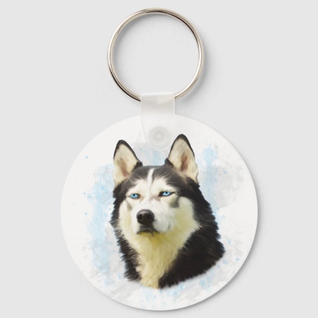 Siberian Husky Dog Water Colour Art Painting Keychain (Front)