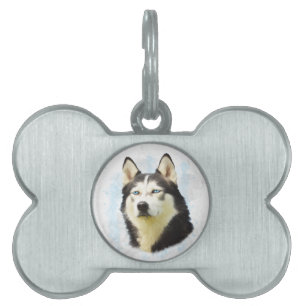 Siberian Husky Dog Water Colour Art Painting Pet Name Tag