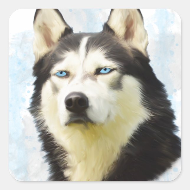 Siberian Husky Dog Water Colour Art Painting Square Sticker (Front)