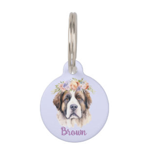 Siberian Husky Dog Watercolor Flower Round Pet Tag