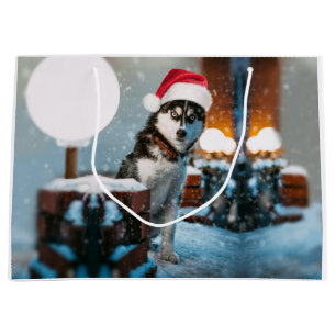 Siberian Husky dog wearing santa hat Large Gift Bag
