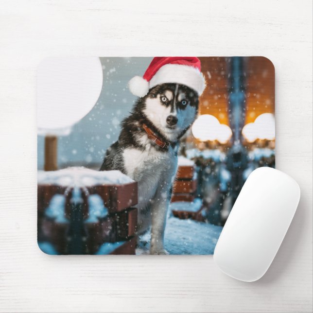 Siberian Husky dog wearing santa hat Mouse Pad (With Mouse)