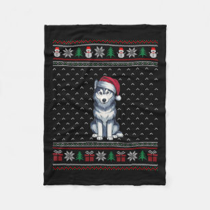 Siberian Husky Dog Wearing Santa Hat Ugly Xmas Dog Fleece Blanket