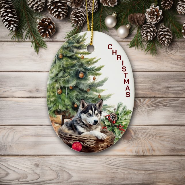 Siberian Husky Dog Wicker Basket Christmas Ceramic Ornament (Creator Uploaded)