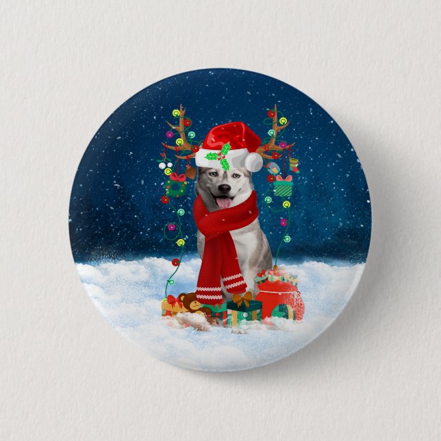 Siberian Husky dog with Christmas gifts  2 Inch Round Button (Front)