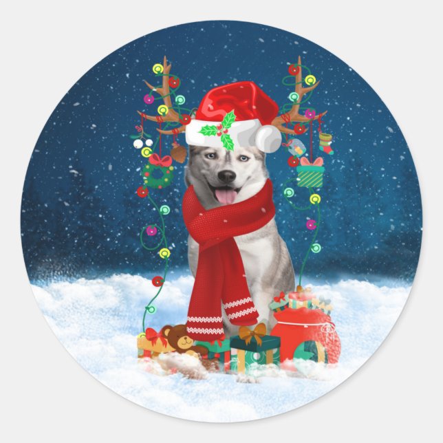 Siberian Husky dog with Christmas gifts  Classic Round Sticker (Front)
