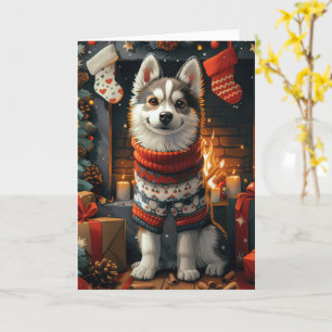 Siberian Husky Dog With Christmas Gifts Fireplace Card