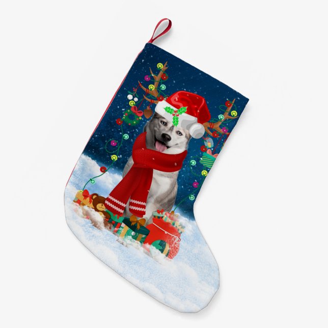 Siberian Husky dog with Christmas gifts Small Christmas Stocking (Front (Hanging))