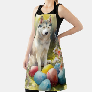 Siberian Husky Dog with Easter Eggs Holiday  Apron
