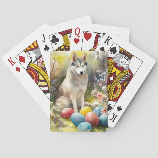 Siberian Husky Dog with Easter Eggs Holiday  Playing Cards (Back)