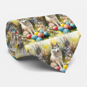 Siberian Husky Dog with Easter Eggs Holiday Tie