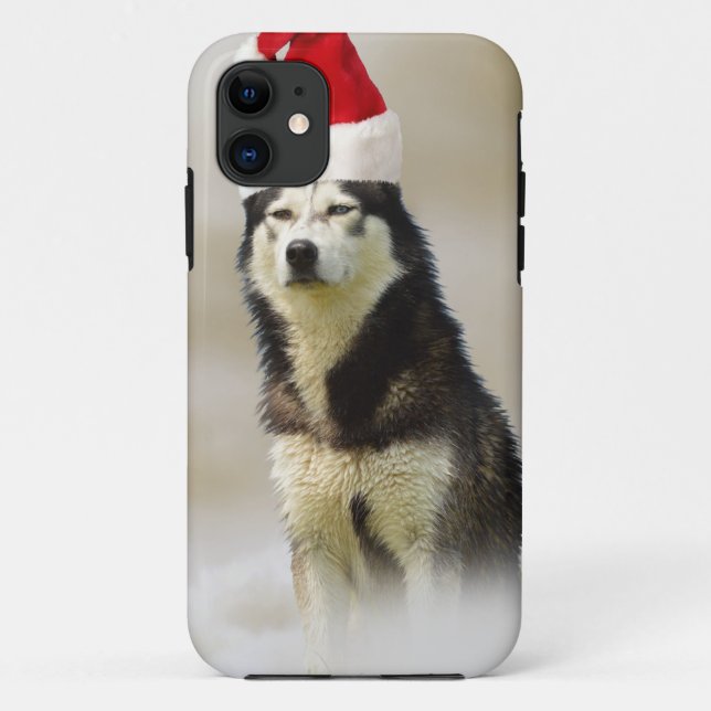 Siberian Husky Dog with Santa Hat in Snow Case-Mate iPhone Case (Back)