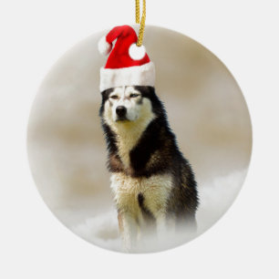 Siberian Husky Dog with Santa Hat in Snow Ceramic Ornament