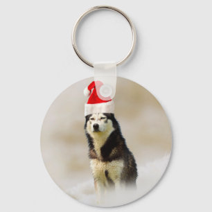 Siberian Husky Dog with Santa Hat in Snow Keychain