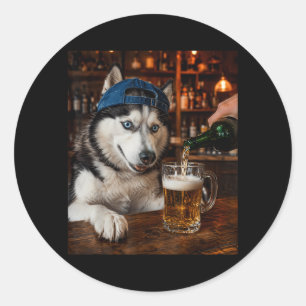 Siberian Husky Drinking Beer Funny Dog Meme Classic Round Sticker