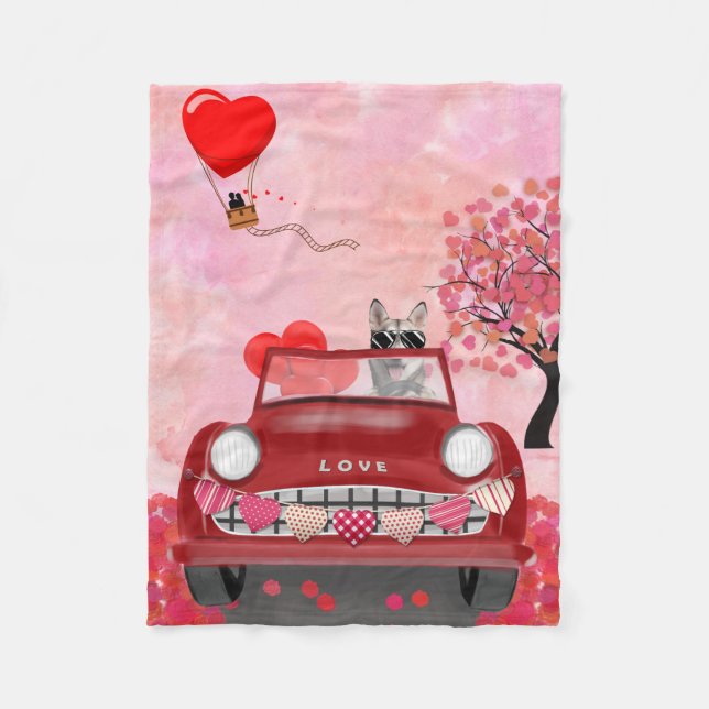 Siberian Husky Driving Car with Hearts  Fleece Blanket (Front)