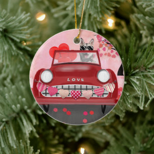 Siberian Husky Driving Car with Hearts Valentine's Ceramic Ornament