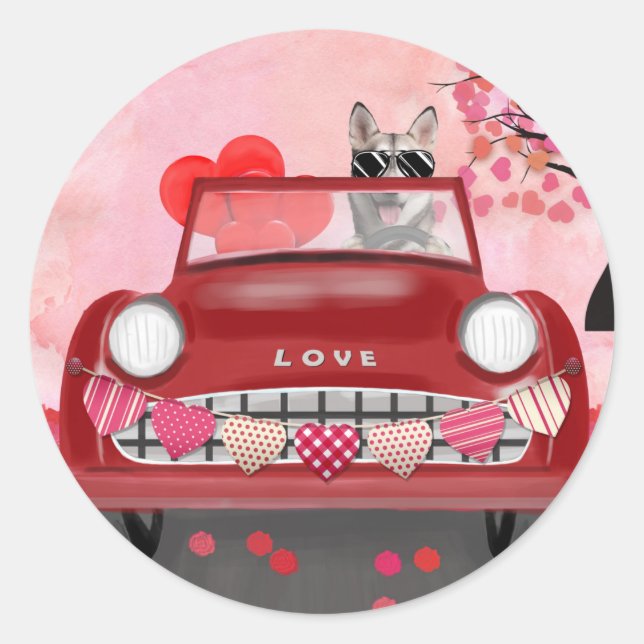 Siberian Husky Driving Car with Hearts Valentine's Classic Round Sticker (Front)