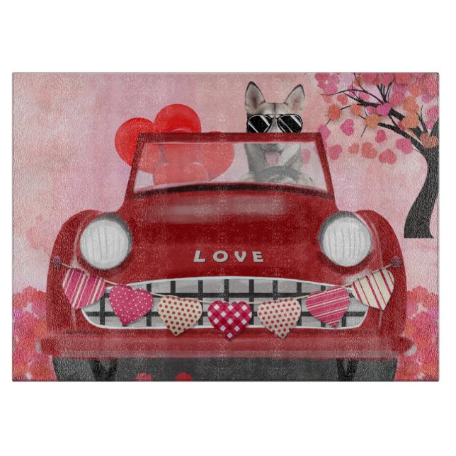 Siberian Husky Driving Car with Hearts Valentine's Cutting Board (Front)