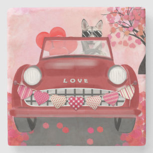 Siberian Husky Driving Car with Hearts Valentine's Stone Coaster