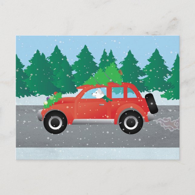 Siberian Husky Driving Christmas Car Holiday Postcard (Front)