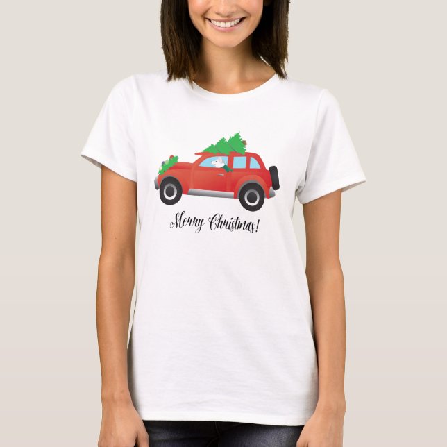 Siberian Husky Driving Christmas Car T-Shirt (Front)