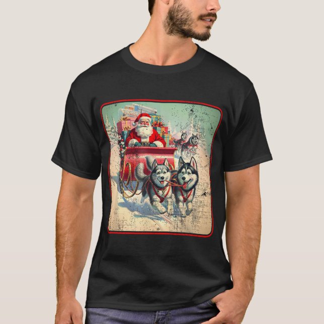 Siberian Husky Family Christmas Huskies Pulling  T-Shirt (Front)