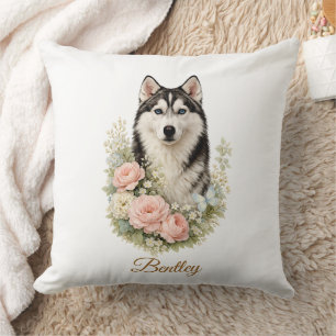 Siberian Husky Floral Portrait Throw Pillow