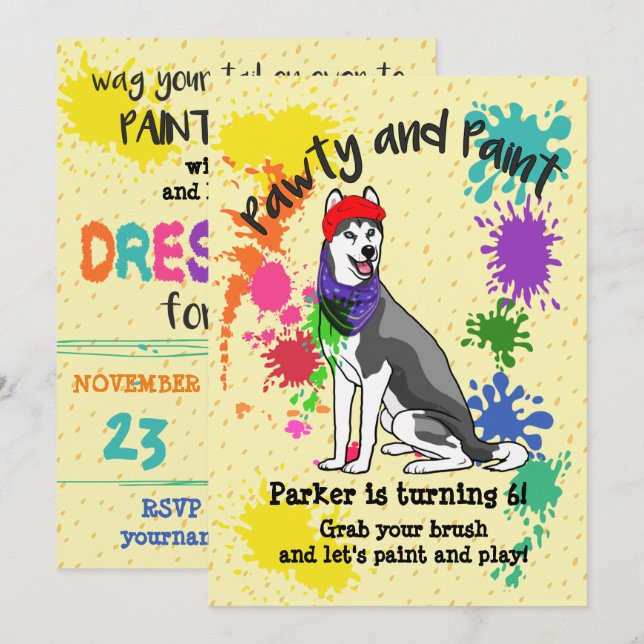 Siberian Husky Fun Art Birthday Party Invitation (Front/Back)