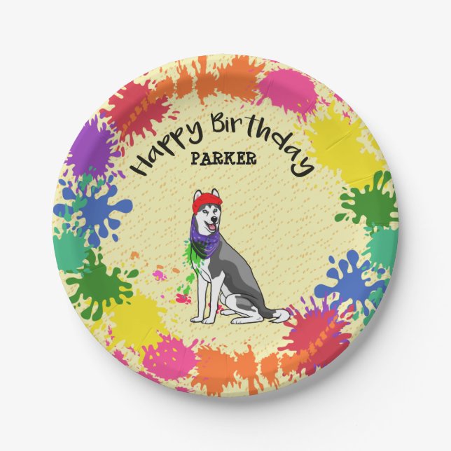 Siberian Husky Fun Paint Splash Art Party  Paper Plate (Front)