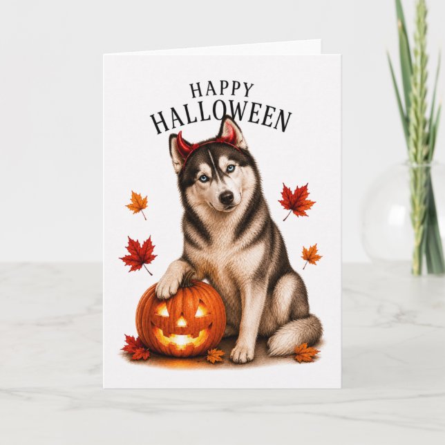 Siberian Husky Halloween Devil Dog Card (Front)
