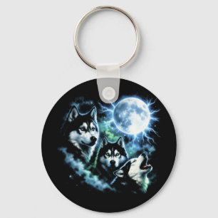 Siberian Husky Howling at the Moon – Night Sky Dog Keychain