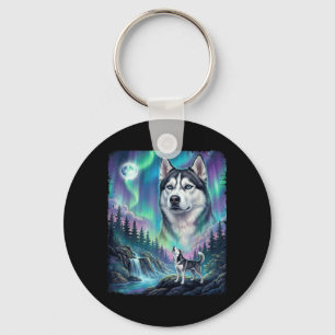 Siberian Husky Howling Northern Lights Dog Owner Keychain