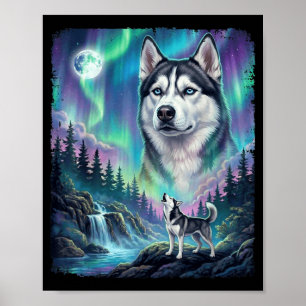 Siberian Husky Howling Northern Lights Dog Owner Poster