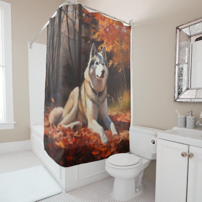 Siberian Husky in Autumn Leaves Fall Inspire  (In Situ)