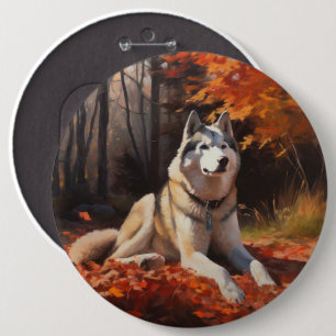 Siberian Husky in Autumn Leaves Fall Inspire  6 Inch Round Button