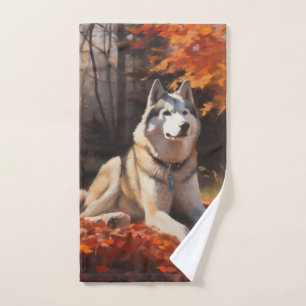 Siberian Husky in Autumn Leaves Fall Inspire Bath Towel Set