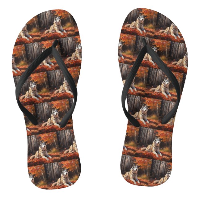 Siberian Husky in Autumn Leaves Fall Inspire  Flip Flops (Footbed)