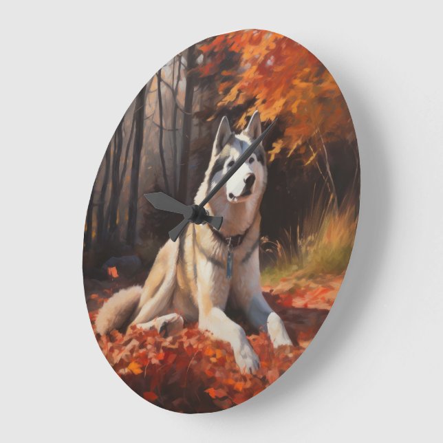 Siberian Husky in Autumn Leaves Fall Inspire  Large Clock (Angle)