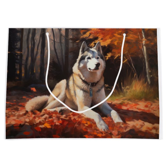 Siberian Husky in Autumn Leaves Fall Inspire  Large Gift Bag (Front)