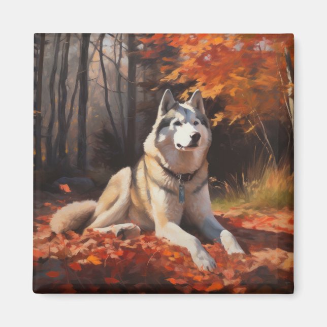 Siberian Husky in Autumn Leaves Fall Inspire  Magnet (Front)