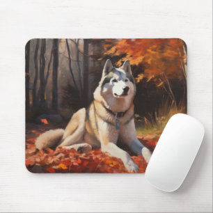 Siberian Husky in Autumn Leaves Fall Inspire Mouse Pad