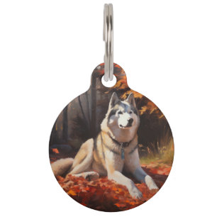 Siberian Husky in Autumn Leaves Fall Inspire  Pet Tag