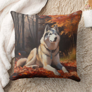 Siberian Husky in Autumn Leaves Fall Inspire  Throw Pillow