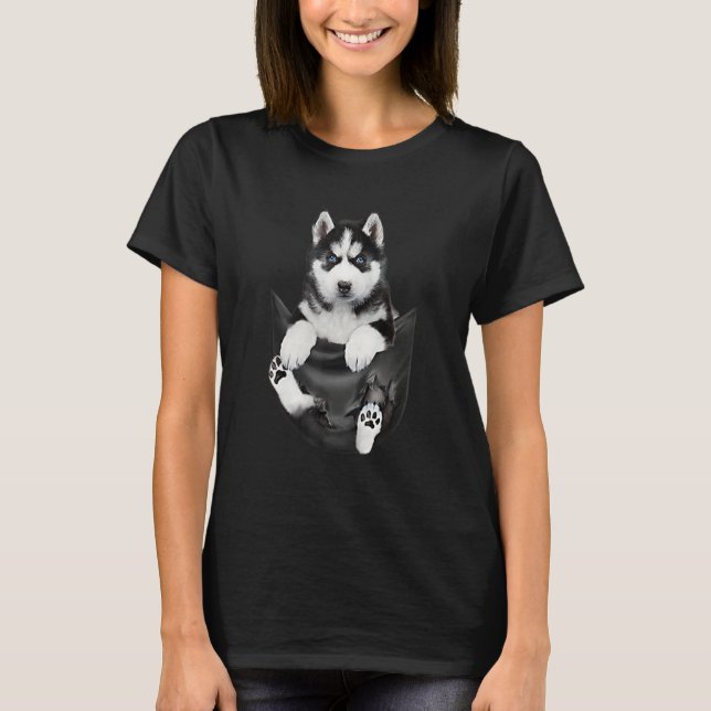 Siberian Husky In Pocket Puppy T-Shirt (Front)