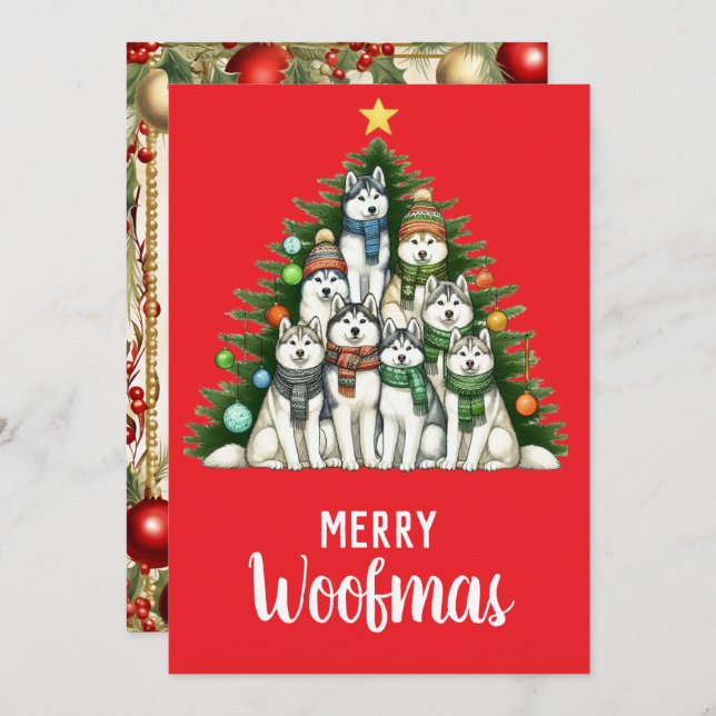 Siberian Husky Merry Woofmas Christmas Tree Holiday Card (Front/Back)