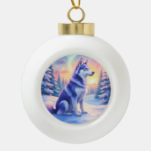 Siberian Husky Northern Lights Christmas Winter Ceramic Ball Christmas Ornament