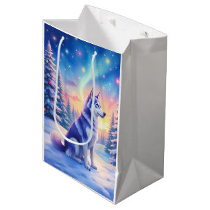Siberian Husky Northern Lights Christmas Winter Medium Gift Bag
