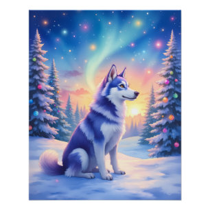 Siberian Husky Northern Lights Christmas Winter Poster